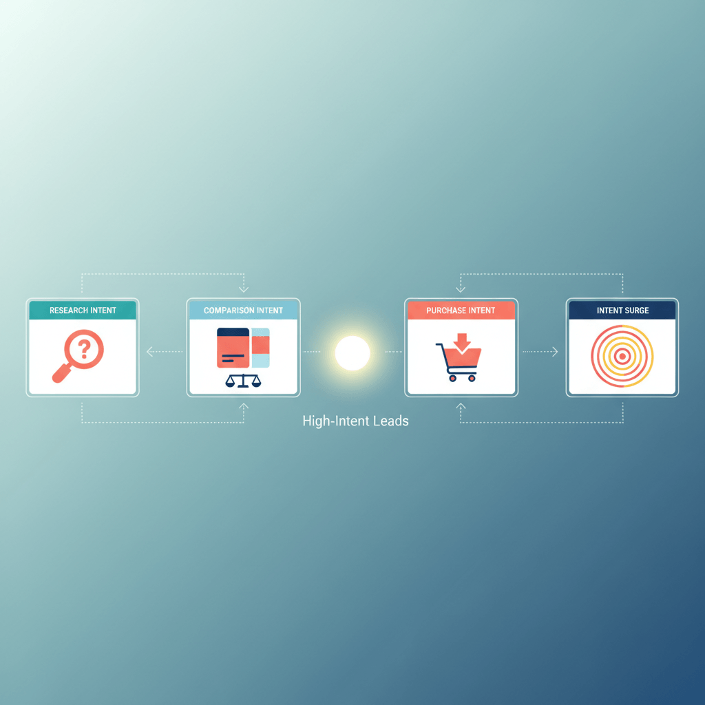 Dashboard-style illustration showing magnifying glass for research, shopping cart for purchase, side-by-side product cards for comparison, and a central glowing radar pulse indicating an intent surge. Subtle connectors converge to the central dot to show high-intent leads.