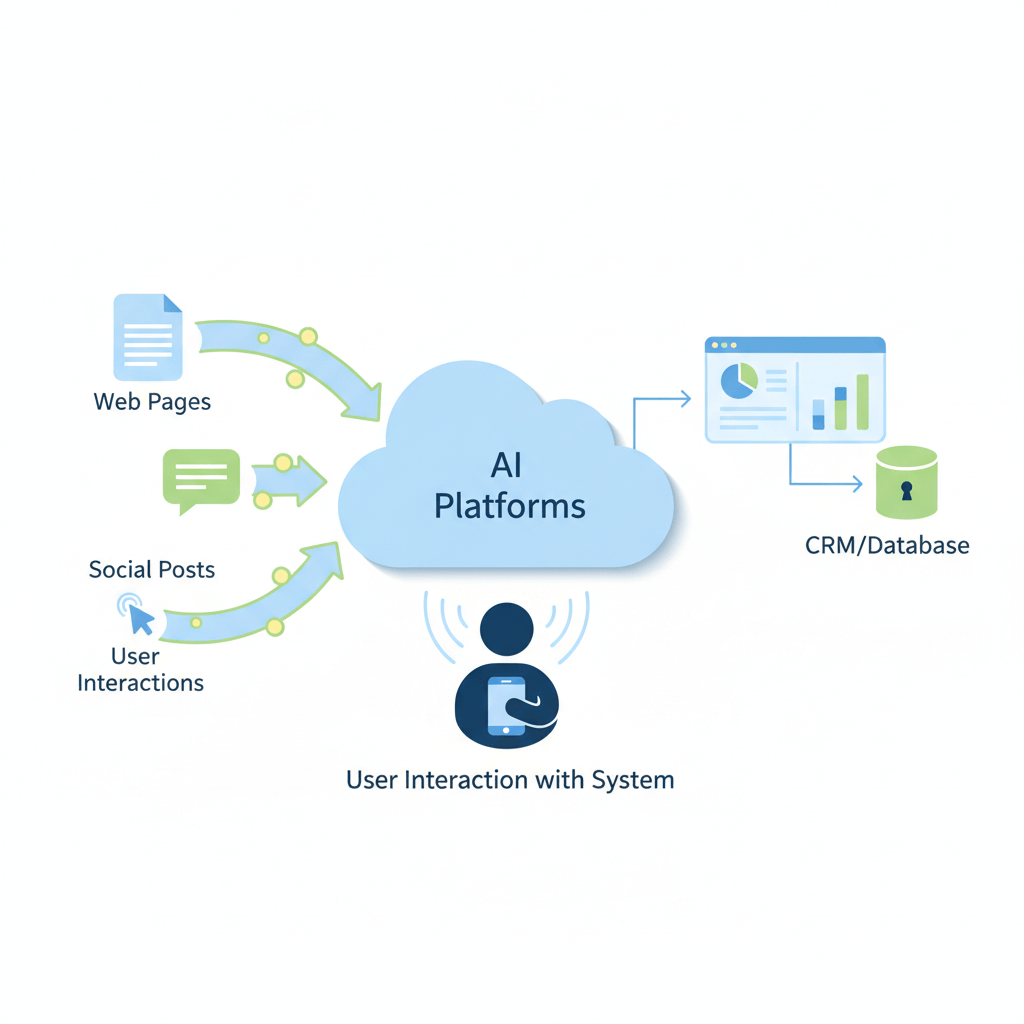 A simple, minimal illustration of the AI visibility tools ecosystem showing a central cloud, data flow arrows from web pages, social posts, and user interactions, tracking nodes, an analytics dashboard, a CRM receiving processed data, and a user interacting via mobile. The visual uses a friendly palette of blues, greens, and yellow and contains no text.
