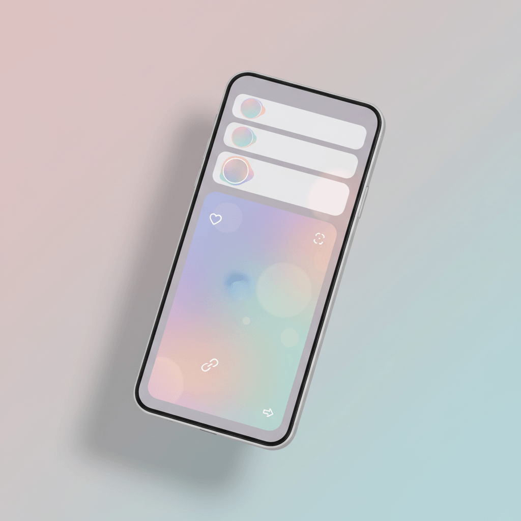 Clean vertical illustration of a smartphone showing Instagram Stories style frames with colorful rings and interaction icons. The composition uses soft pastels and minimal flat shapes to support blog content without text in the image.