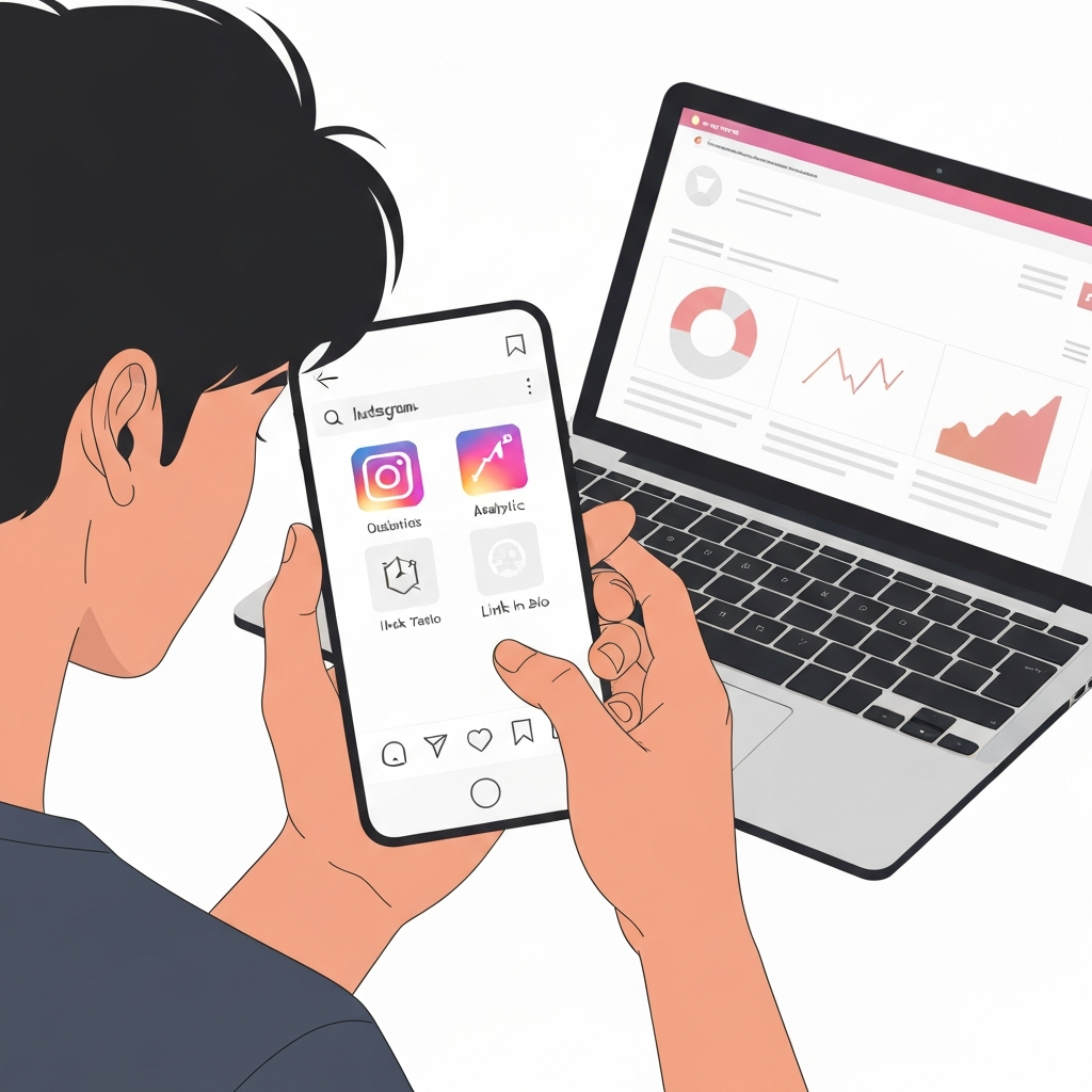 User interacting with Instagram tools on smartphone and laptop