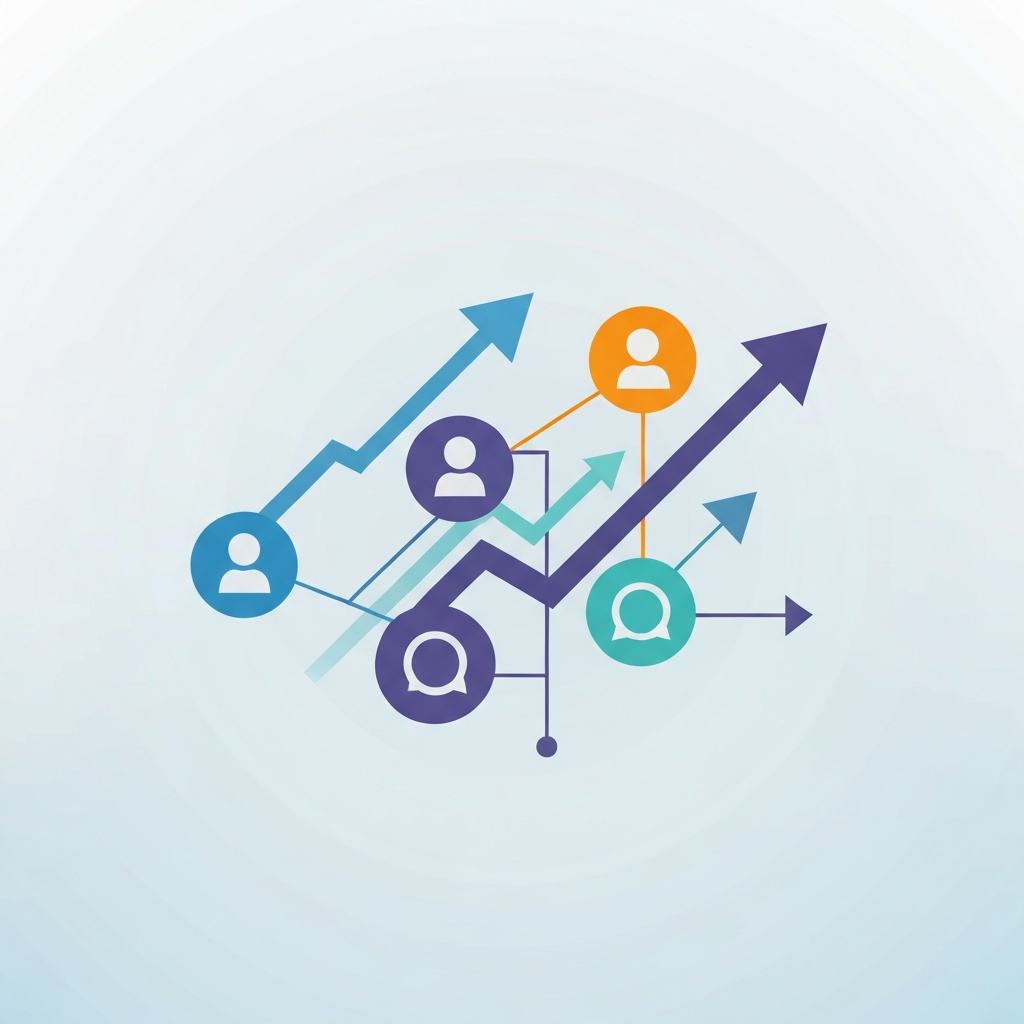 Illustration showing generic social media icons connected by lines with upward-trending arrows