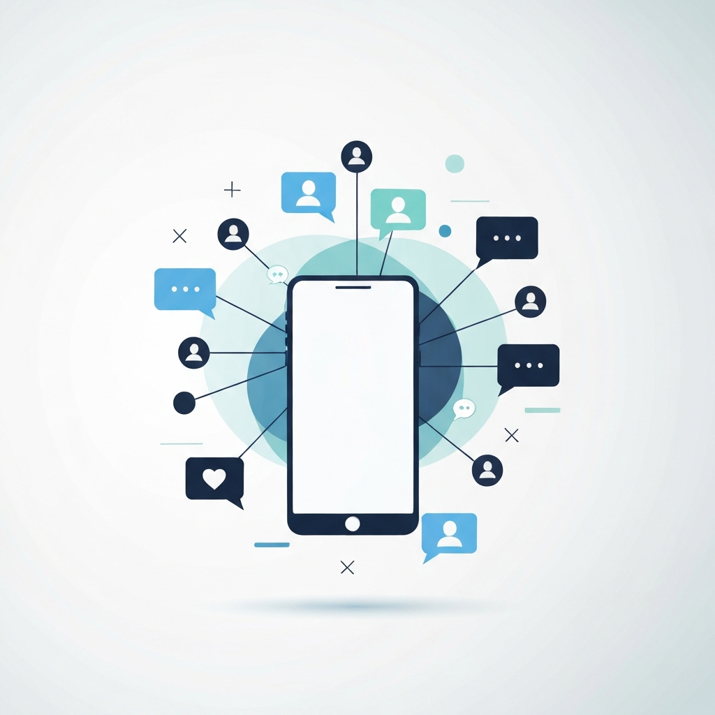 Abstract illustration of a smartphone with network nodes and small user avatars, symbolizing Twitter/X connectivity.