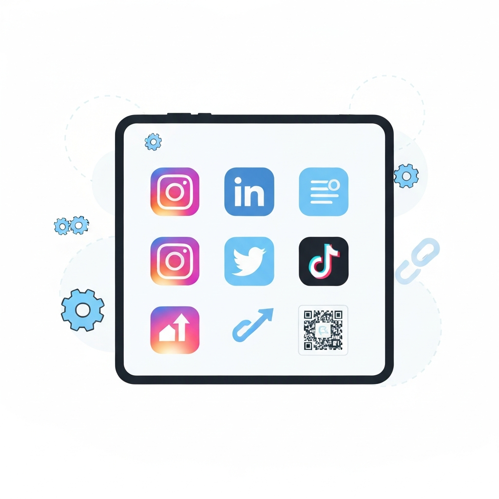 Smartphone mockup with social icons and optimization symbols