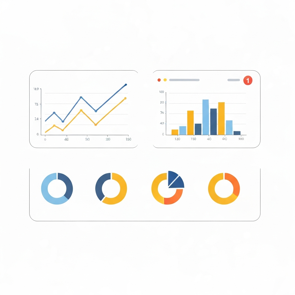Dashboard illustration with line chart, stacked bar, pie chart, KPI tiles and sparkline, no text