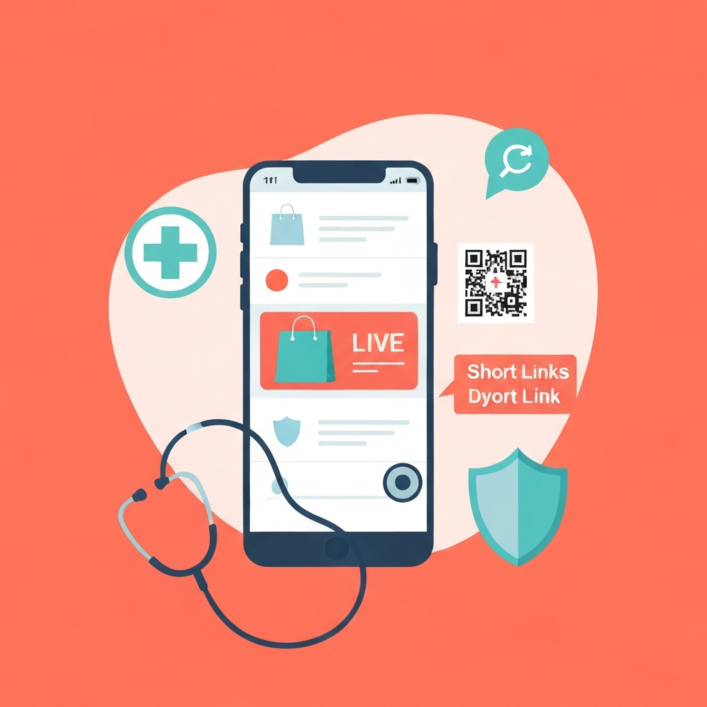 Smartphone showing social feed with shopping bag, live video, stethoscope, medical cross, QR code