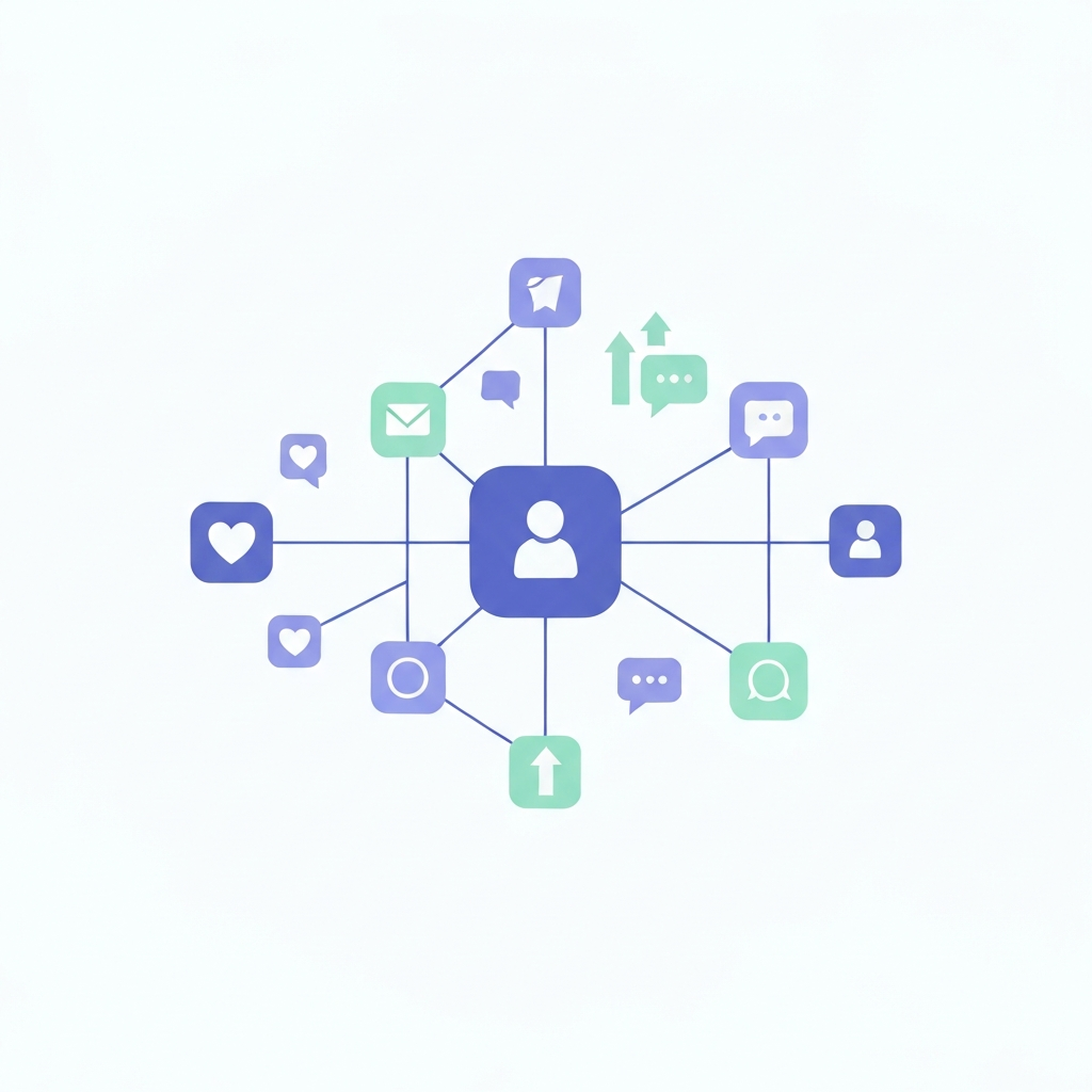 Abstract network of social platforms connected by interaction icons